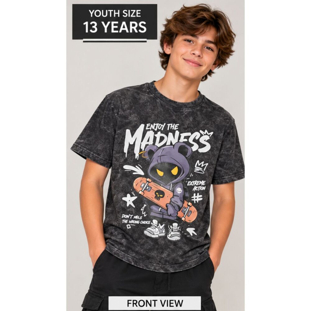 Teen Boys 13Y Enjoy the Madness Skate Bear Graphic T-Shirt Gray NWOT